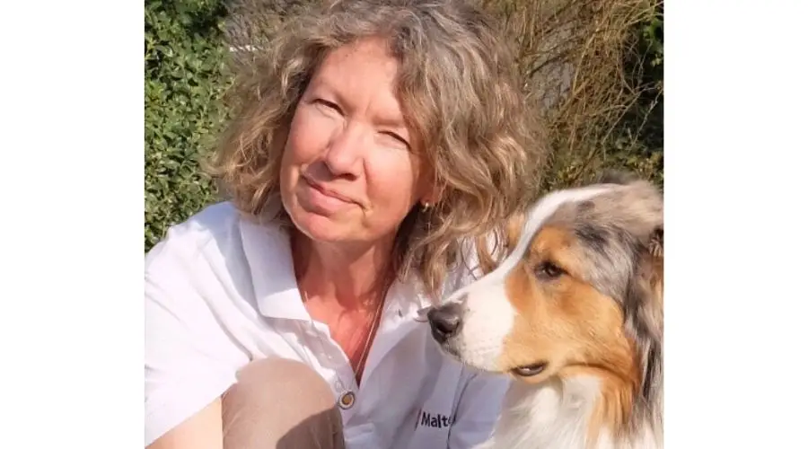 Frau mit Therapiehund sitzt im Freien, beide schauen aufmerksam in die Kamera.